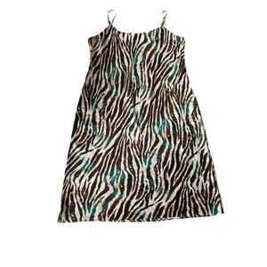 Natori Satin Slip Dress Chemise Midi Zebra Brown Earth Tones Teal XL EUC